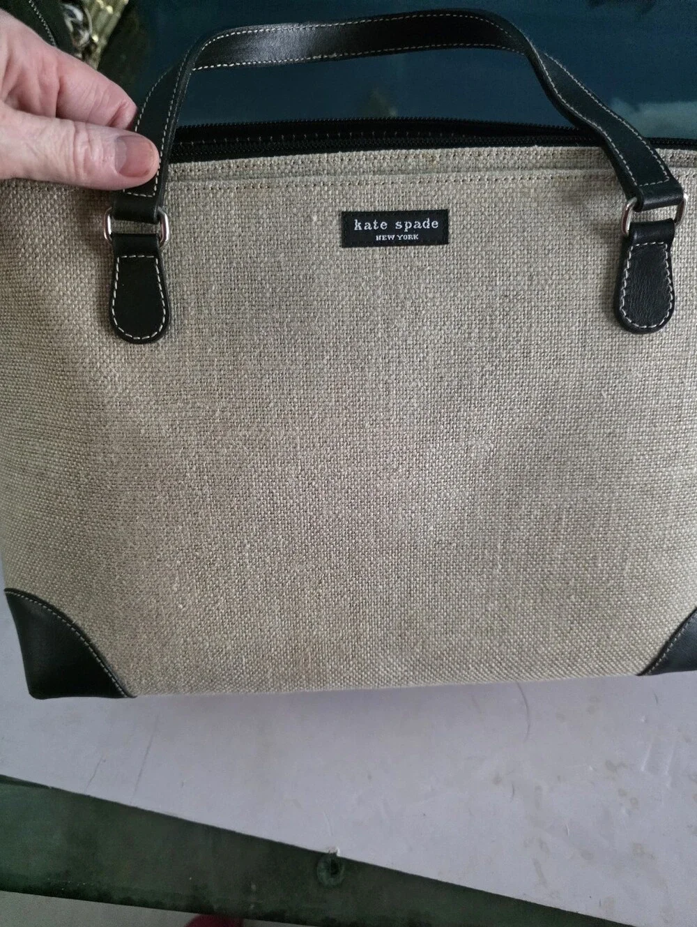 New Kate Spade Beige Canvas Tote with Black Trim